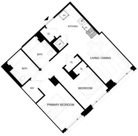 Floor plan for 2 beds, 2 baths, 735 sqft
